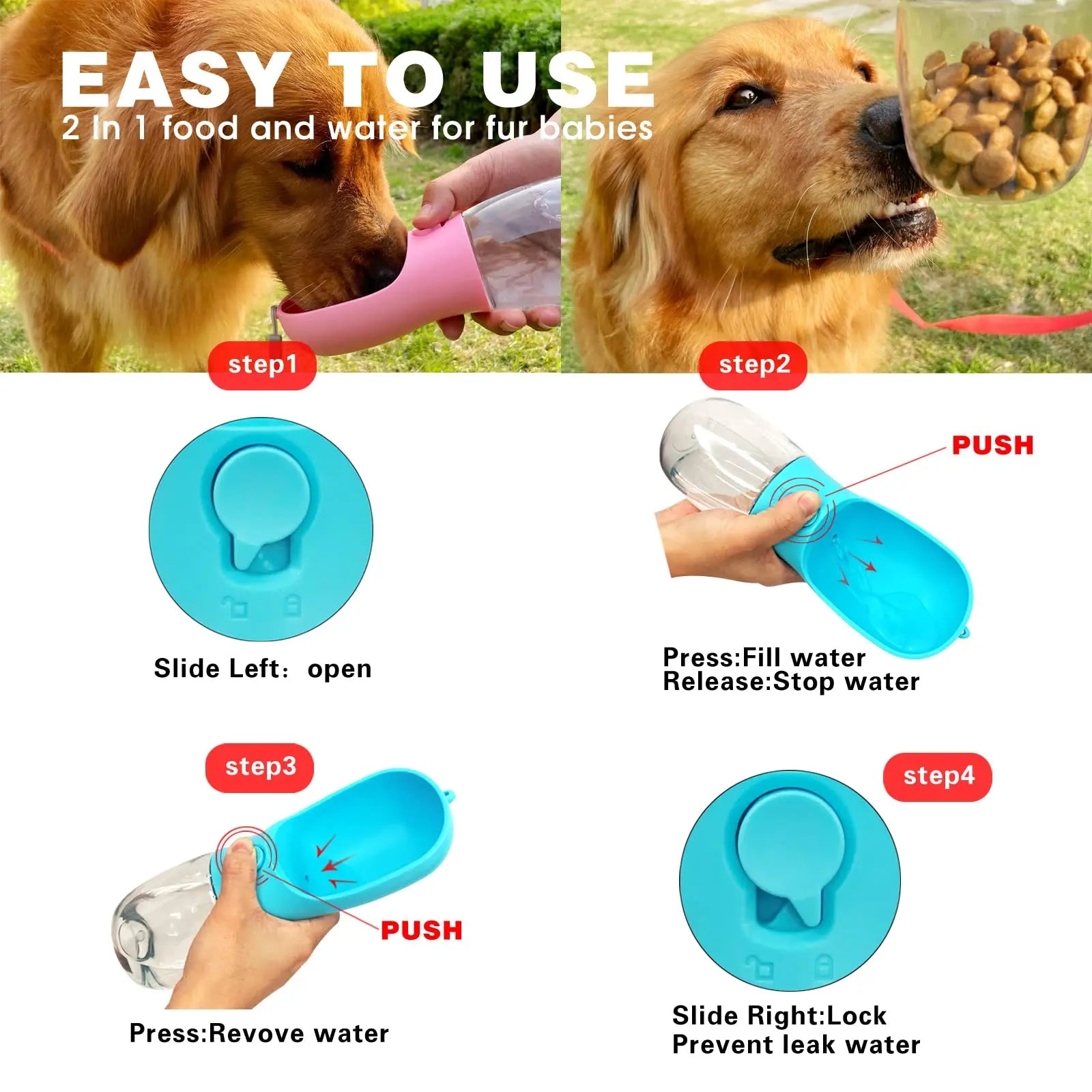 Portable Dog Water Bottle with Food Container – Travel Puppy Water Bowl & Automatic Feeder | Leak-Proof Pet Dispenser for Walking, Hiking, Camping | Essential for Yorkie, Chihuahua, Cat & Small Dogs